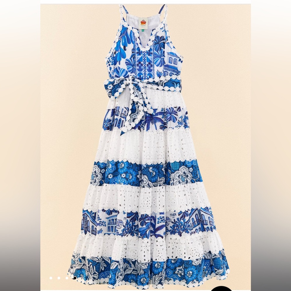 Farm Rio mixed white and blue prints maxi dress